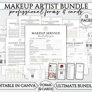 May include: A digital download of 12 printable pages for makeup artists. The pages include forms for client contracts, cancellation policies, invoices, makeup service intake forms, bridal makeup intake forms, makeup face charts, loyalty cards, and price lists. The text "Editable in Canva" is included in the image.