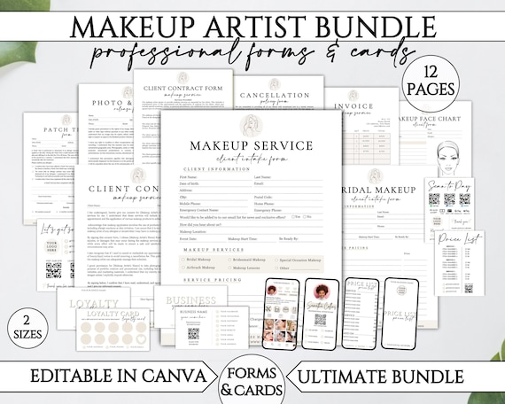 Makeup Artist Forms Bundle, Editable Bridal Makeup Artist Contract, Makeup Service Forms Template, Makeup Contract, Makeup IG Business Card