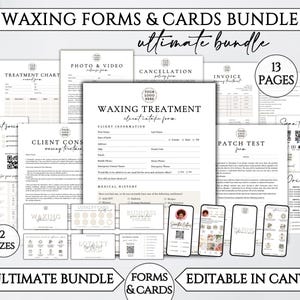 May include: A collection of 13 pages of waxing forms and cards, including a client intake form, treatment chart, and loyalty cards. The documents feature black text on white backgrounds with placeholders for logos and are editable in Canva.