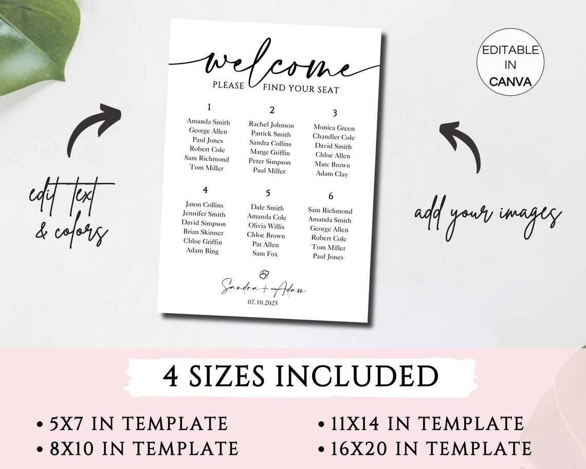 Small Wedding Seating Chart Sign Template, Wedding Reception Seating ...