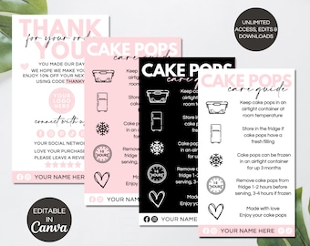 Cake Pops Care Card, Printable Cakepop Cake Lolly Instructions Cards, Editable Canva Template