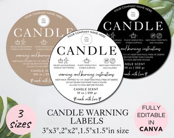Etiqueta de advertencia de velas, calcomanía imprimible, plantilla editable de Canva, 3 tamaños incluidos