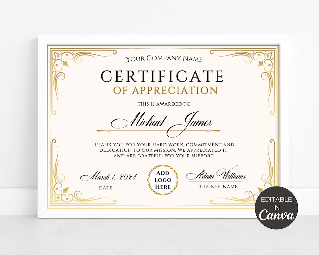 Editable Certificate of Appreciation Template, Printable Appreciation