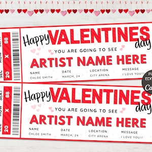 Druckbare Valentinstag Konzertkarte Vorlage, bearbeitbares Ereignisticket, Valentinstag druckbares Ticket, Konzertkarte Geschenk Canva Vorlage. TDS-13