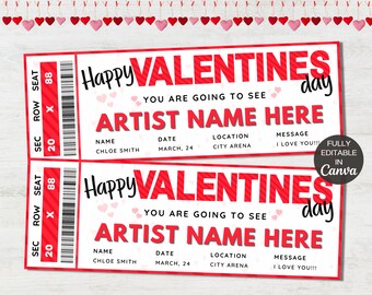 Valentines Concert Ticket Template, Printable Event Tickets, Editable Canva Template