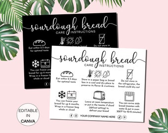 Sourdough Bread Care Card, Editable Sourdough Care Instructions, Printable Bread Care Cards Package Insert, Bakery Canva Template. TDS-05