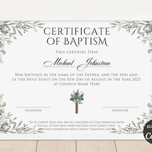 Plantilla de certificado de bautismo, certificado de bautismo imprimible, certificado personalizado de bautismo de bebé editable, plantilla de bautismo de Canva. TDS-10