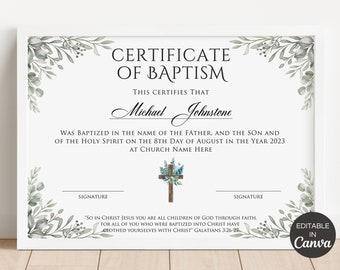 Certificate Of Baptism Template, Printable Baptism Certificate, Editable Baby Baptism Custom Certificate, Canva Baptism Template. TDS-10