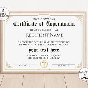 Editable Appointment Certificate, Printable Bishop Pastor Appointed Certificate, Church Certificates, DIY Religious Canva Template