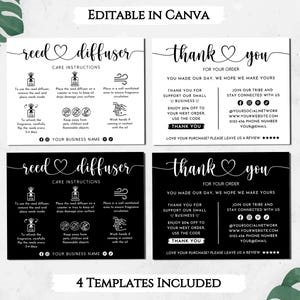 May include: Four black and white printable templates for reed diffusers. The templates include care instructions and a thank you message for customers. The text includes the phrase "reed diffuser" and "thank you".