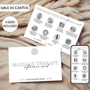 Massage Therapie Nachsorge Karte Canva Vorlage, bearbeitbare Massage Therapie Karten für Kosmetikerin, druckbare Massage Business Beauty Salon Karten