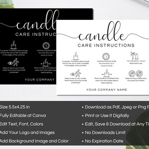 Candle Care Card, Printable Candle Instructions Cards, Editable Canva Template image 2