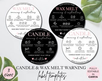 Candle & Wax Melt Warning Label Template, Editable Candle Warning Sticker, Printable 1.5" 2" 3" Candle Warning Label Canva Template. TDS-06
