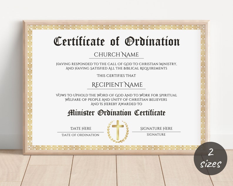 Op de afbeelding: Een afdrukbaar certificaat van ordening met een gouden rand en een kruis in het midden. De tekst luidt "Certificaat van ordening", "Kerknaam", "Naam van de ontvanger", "Datum hier", "Datum van de ordening", "Handtekening hier" en "Handtekening".