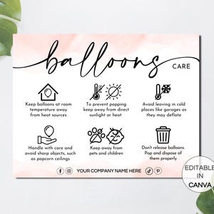 Balloon Care Card, Editable Balloons Care Instructions, Air Helium Balloons Safety Instructions,Printable Balloons Care Guide Canva Template