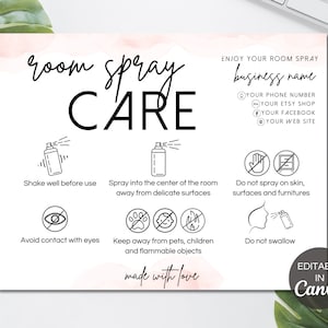 Scheda di cura spray per ambienti, scheda di istruzioni per la cura spray per ambienti modificabile, scheda di cura spray per ambienti stampabile, modello di cura profumata per ambienti Canva. TDS-05