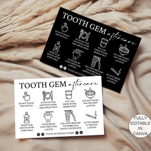 Carte de soins ultérieurs pour gemme dentaire, guide d'entretien des cristaux dentaires modifiable, instructions de soins dentaires imprimables, modèle de cartes de soins dentaires. FT-05