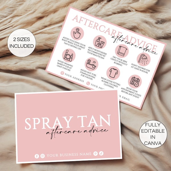 Spray Tanning Aftercare Card Template, Editable Spray Tan After Care Instructions, Printable Beauty Aftercare Cards Canva Template. TDS-05