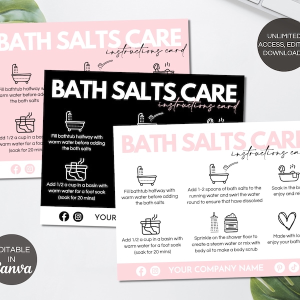 Editable Bath Salts Care Card, Printable Bath Soak Care Guide Template, Epsom Salts Care Instructions, Bath Salts Order Package. TDS-05