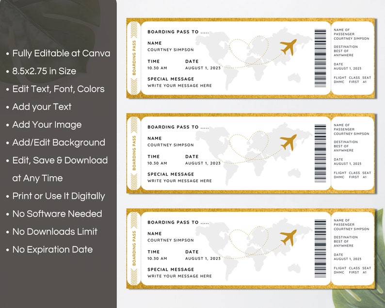 Bordkarte Canva Vorlage, bearbeitbares Bordticket, benutzerdefiniertes Flugticket, druckbare Überraschungsreise, sofortiger digitaler Download. TDS-13 Bild 2