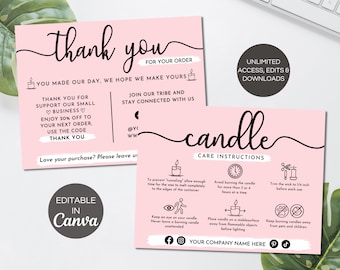 Candle Care Card Template, Editable Candle Business Thank You Cards, Printable Candle Care Instructions, Candle Care Guide. TDS-05