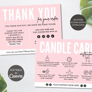 Editable Candle Care Card Template, Printable Candle Care Instructions, Candle Business Thank You Cards Packaging Canva Template. TDS-05