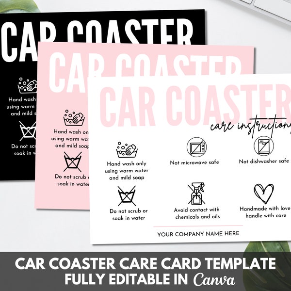 Editable Car Coaster Care Card Template, Printable Car Coaster Care Instructions Card, Car Coaster Care Guide Canva Template. TDS-05