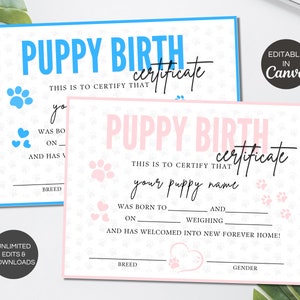 Puppy geboorteakte sjabloon, bewerkbare nieuwe puppy kat hond geboorte Canva certificaat, afdrukbare huisdier adoptie geboorteakte. TDS-09