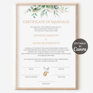 Hochzeitsurkunde Vorlage, bearbeitbare Heiratsurkunde, druckbare Hochzeitsandenken, Greenery Erneuerungszertifikat. TDS-10