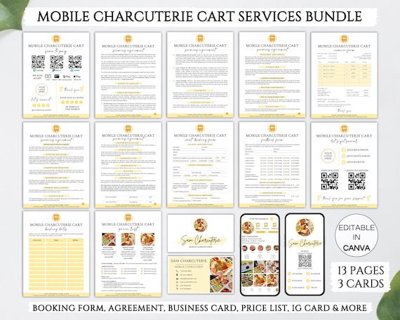 Mobile Charcuterie Cart Bundle, Editable Mobile Charcuterie Contract, Event Vendor Contract, Charcuterie Cart Business Canva Template