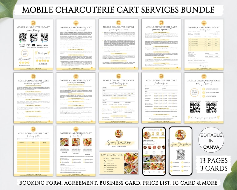 Puede incluir: Una descarga digital de 13 p&aacute;ginas imprimibles y 3 tarjetas para un negocio de carrito de charcuter&iacute;a m&oacute;vil. Las p&aacute;ginas incluyen un formulario de reserva, un acuerdo, una tarjeta de presentaci&oacute;n, una lista de precios, una tarjeta IG y m&aacute;s. El dise&ntilde;o es amarillo y blanco con un acento dorado.