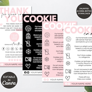 Cookie-Pflege-Kartenvorlage, Cookie-Business-Dankeskarten, bearbeitbare Cookie-Verpackungseinsätze, druckbare Cookie-Karte Canva-Vorlage. TDS-05