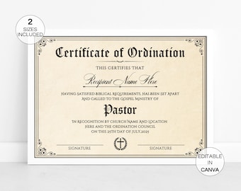 Certificate of Ordination, Editable Pastor Ministry Ordination Certificates, Printable Church Religious Template