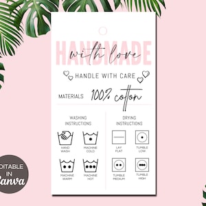 Etiquette de vêtement modifiable faite main, modèle imprimable sur toile d'étiquettes de vêtement personnalisées, instructions de lavage de chemise, instructions d'entretien, étiquettes volantes.TDS-05