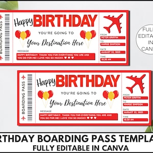 Modèle de carte d'embarquement, billet d'avion modifiable, idées cadeaux d'anniversaire à imprimer, billet d'avion pour anniversaire, faux modèle de toile de billet d'avion. TDS-13