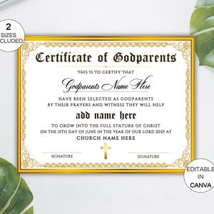 Plantilla de certificado de padrinos, certificado de padrinos editable, plantilla de certificado de bautismo imprimible en Canva, certificado de iglesia para hacer uno mismo