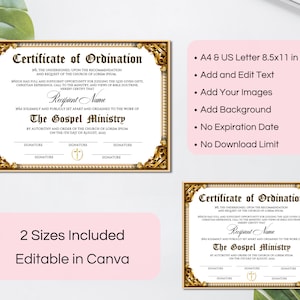 Może przedstawiać: Drukowany szablon certyfikatu święceń z pozłacaną ramką i ozdobnym wzorem. Tekst głosi "Certificate of Ordination" i zawiera słowa "The Gospel Ministry". Szablon dostępny jest w dw&oacute;ch rozmiarach: A4 i US Letter (8,5 x 11 cali).