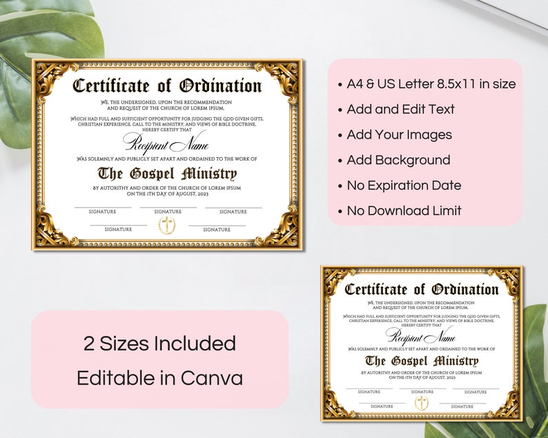 Może przedstawiać: Drukowany szablon certyfikatu święceń z pozłacaną ramką i ozdobnym wzorem. Tekst głosi "Certificate of Ordination" i zawiera słowa "The Gospel Ministry". Szablon dostępny jest w dw&oacute;ch rozmiarach: A4 i US Letter (8,5 x 11 cali).