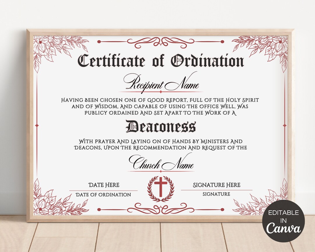 Deaconess Ordination Certificate Template, Printable Certificate of ...