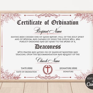 Deaconess Ordination Certificate Template, Printable Certificate of Ordination, Editable Ministry Certificate, Ordained Minister. TDS-10
