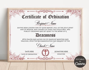 Deaconess Ordination Certificate, Printable Ministry Certificates of Ordination, Editable Canva Template