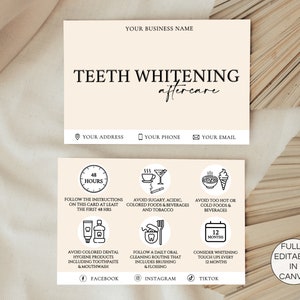 Carte de suivi pour le blanchiment des dents, instructions modifiables d'entretien pour le blanchiment des dents, modèle imprimable sur toile de guide de soins post-traitement des dents. FT-05
