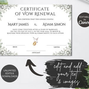 Vow Renewal Certificate, Editable Wedding Vows Renewal Certificate ...