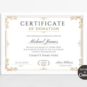 Modello di certificato di donazione, certificato di donazione modificabile, certificato regalo di donazione di beneficenza stampabile, modello Canva.. TDS-10