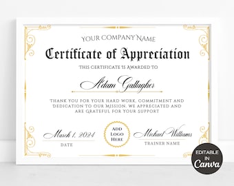 Certificate Of Appreciation Template, Editable Appreciation Certificate, Printable Appreciation Award Certificate, Canva Certificate
