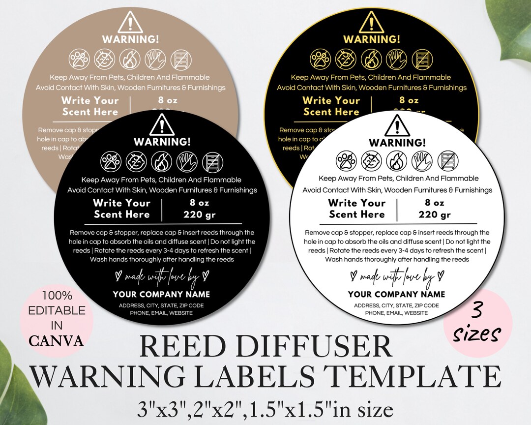 Reed Diffuser Warning Label Template, Editable Reed Diffuser Caution