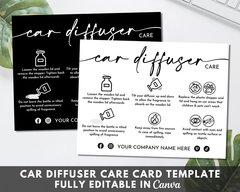 Car Diffuser Care Card, Printable Diffuser Instructions Cards, Editable ...