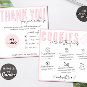 Cookie Pflege Karten Vorlage, Cookie Paket Pflegeanleitung, Cookie Small Business Dankeskarten, bearbeitbare Cookie Karte Canva. TDS-05