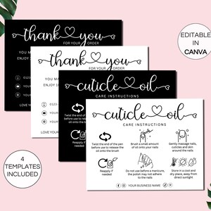 Op de afbeelding: Vier printbare bedankkaartjes met zwarte en witte tekst. De kaartjes bevatten de tekst "bedankt" en "nagelriemolie" met hartjes en verzorgingsinstructies. De tekst "Bewerkbaar in Canva" staat in de rechterbovenhoek.
