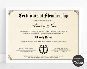 Editable Church Membership Certificate Template, Printable Certificate Of Membership, New Members Church Office Supply Canva Template.TDS-10